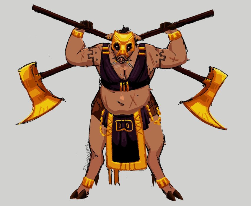 1girl, axe, bracelet, dual_wielding, fat, fat_woman, full_body, furry