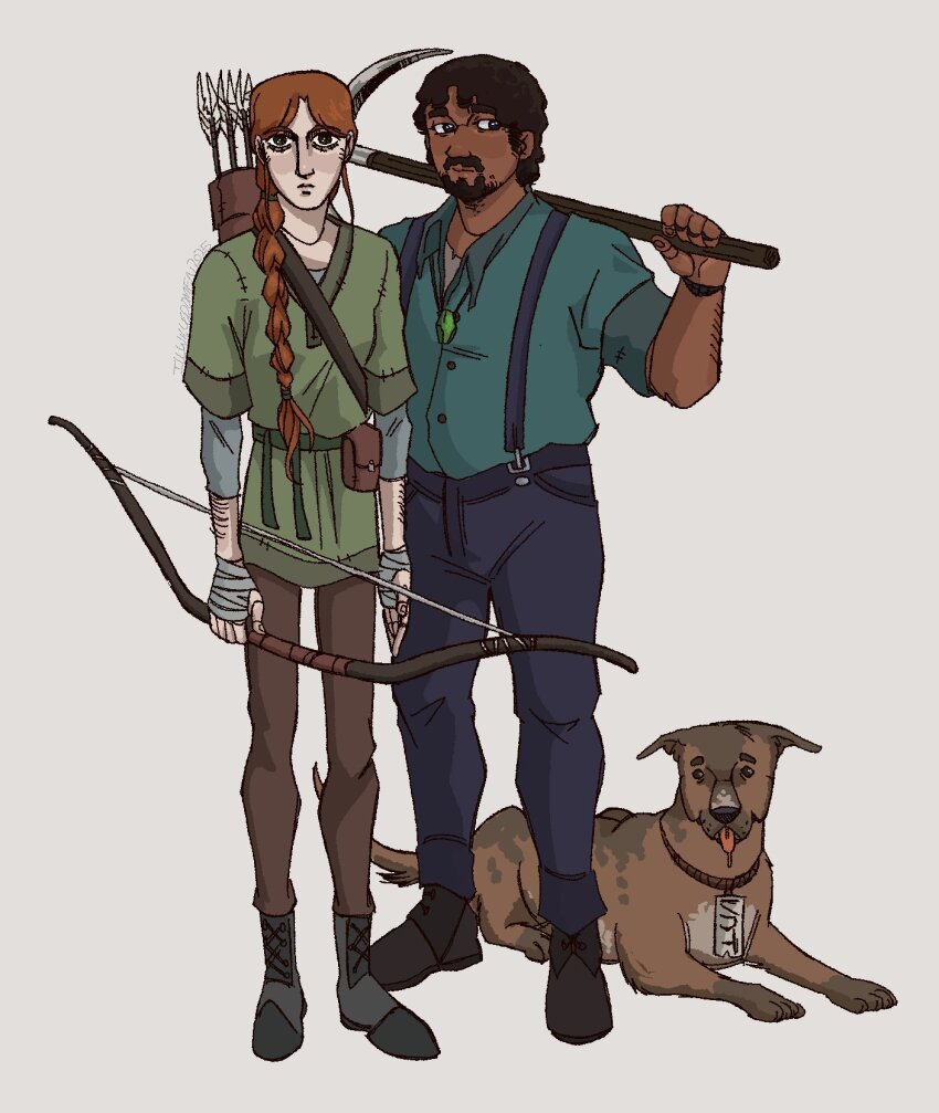 2others, alex_(minecraft), aqua_shirt, arm_hair, bandaged_hand, bandages, blue_pants, bow_(weapon), braid, brown_pants, commentary, dark_skin, dog, doll_joints, english_commentary, facial_hair, full_body, gem, goatee, green_gem, green_tunic, highres, holding, holding_bow_(weapon), holding_pickaxe, holding_weapon, illwilledomen, joints, long_hair, minecraft, multiple_others, pale_skin, pants, pickaxe, quiver, shirt, short_hair, simple_background, single_braid, steve_(minecraft), suspenders, tool_over_shoulder, tunic, weapon, white_background