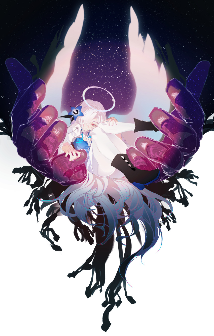 1girl, absurdres, angel, angel_wings, archivexviixxi, blue_hair, boots, dress