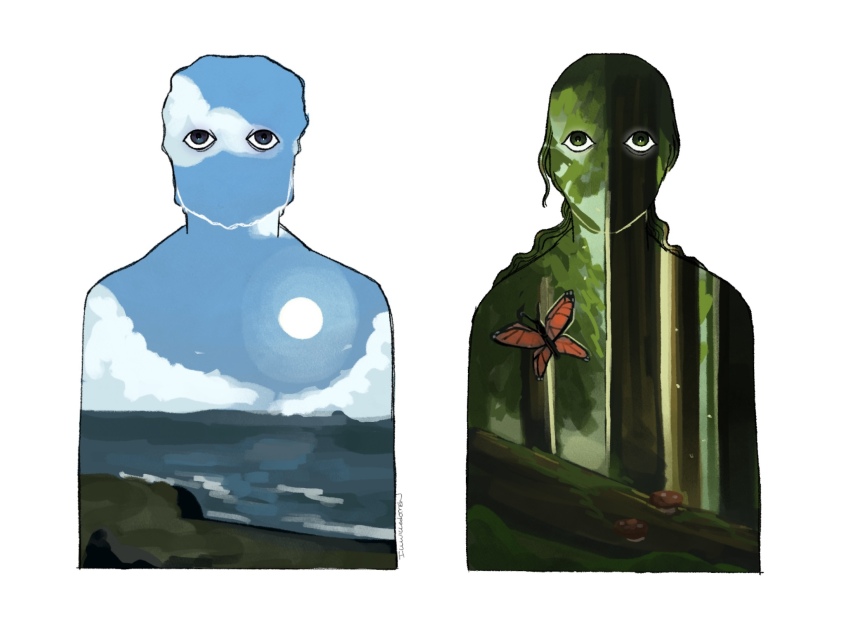 2others, alex_(minecraft), blue_eyes, bug, butterfly, cloud, eyed_silhouette, forest, green_eyes, highres, illwilledomen, insect, log, minecraft, multiple_others, mushroom, nature, outdoors, silhouette, steve_(minecraft), sun