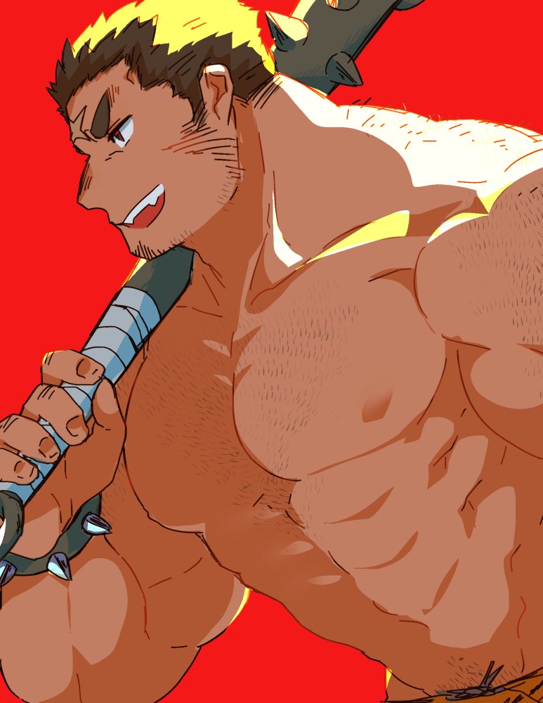 abs, animal_print, back_hair, bara, bone_color919, club, club_(weapon), cross_scar