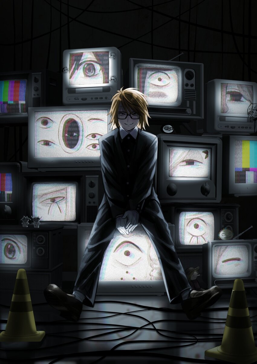 1boy, avalona, black_eyes, black_jacket, blonde_hair, cable, commentary_request, crt, etheral_q, flowerman_(randal's_friends), glasses, highres, hitchhiker_a_(randal's_friends), hitchhiker_b_(randal's_friends), jacket, kinder_surprised_michael_jr., kitty_carpet_(randal's_friends), looking_at_viewer, luther_von_ivory, male_focus, nana_(randal's_friends), nil_(pixiv_53614557), nyen_(randal's_friends), nyon_(randal's_friends), present_day_problem_takeuchi_robert, randal's_friends, randal_ivory, ratman_3_(randal's_friends), ratman_4_(randal's_friends), ratman_5_(randal's_friends), scarecrow_kid_(randal's_friends), sebastian_de_tomato_smith_chicken_legs, short_hair, sitting, solo, spider-girl, television, traffic_cone, tsukada_satoru, yamada_(randal's_friends)