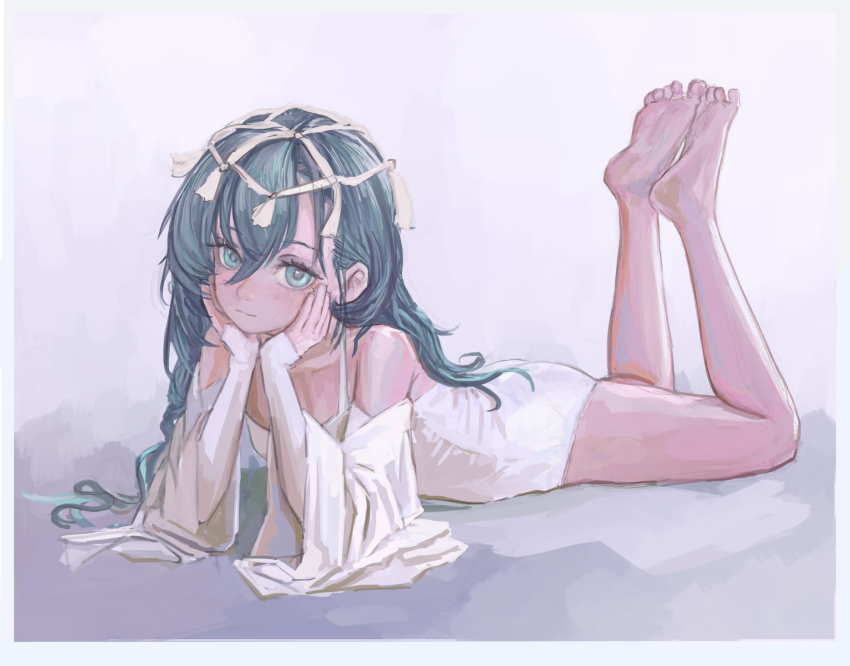 1girl, 37_(down_in_the_grotto)_(reverse:1999), 37_(reverse:1999), bare_legs, bare_shoulders, barefoot, blue_eyes, blue_hair