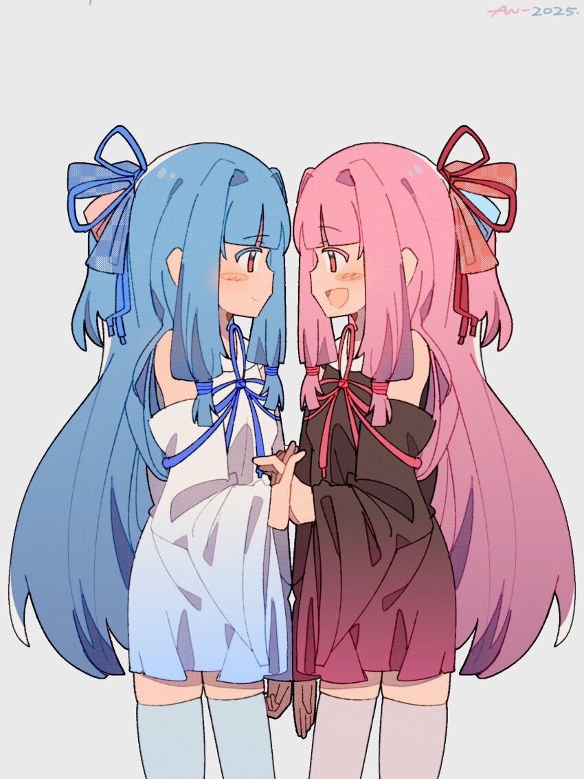 2girls, bare_shoulders, black_dress, black_sleeves, blue_hair, blue_ribbon, blunt_bangs, closed_mouth