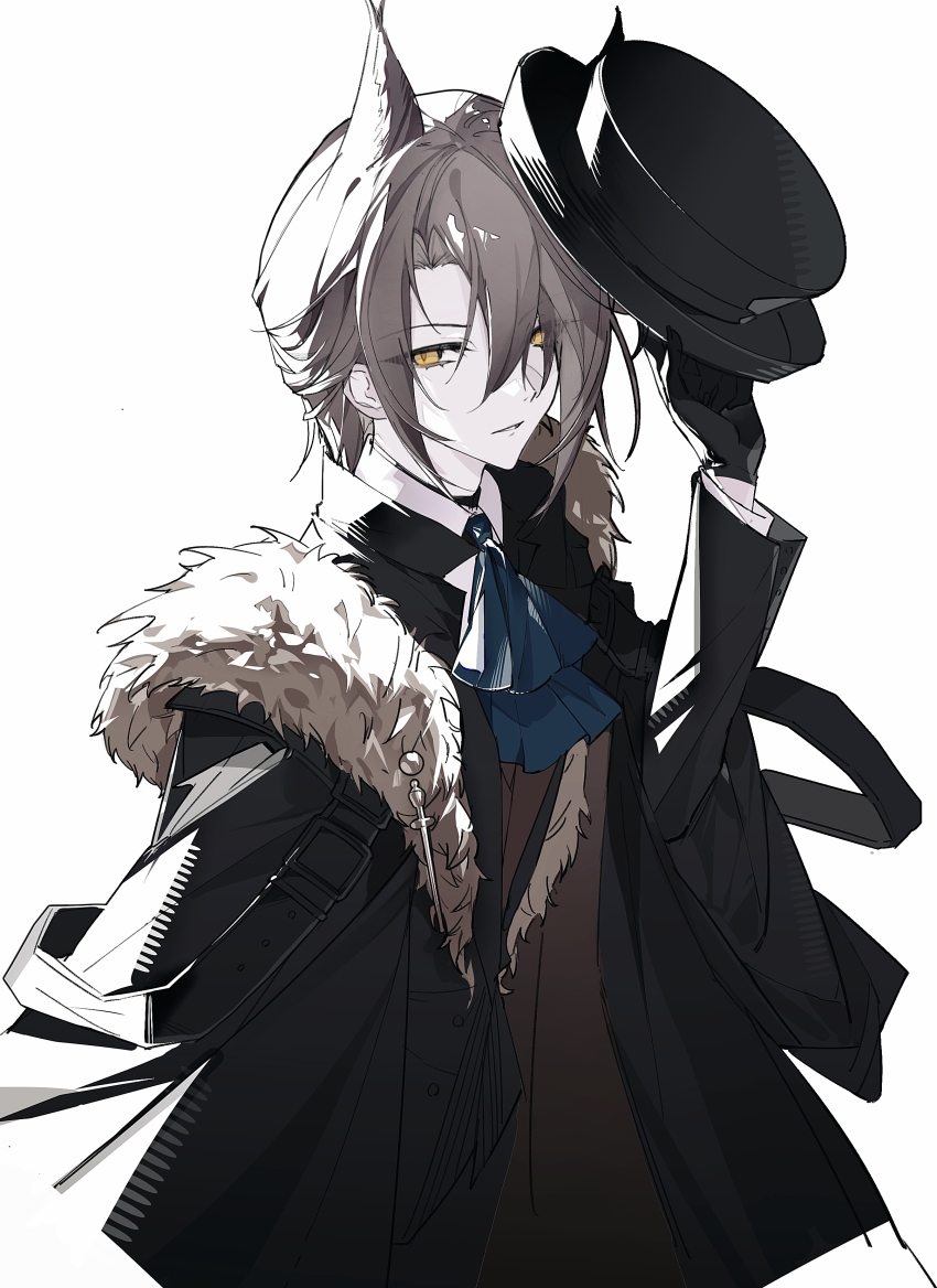 1boy, absurdres, animal_ears, arknights, ascot, black_gloves, blue_ascot, brown_hair