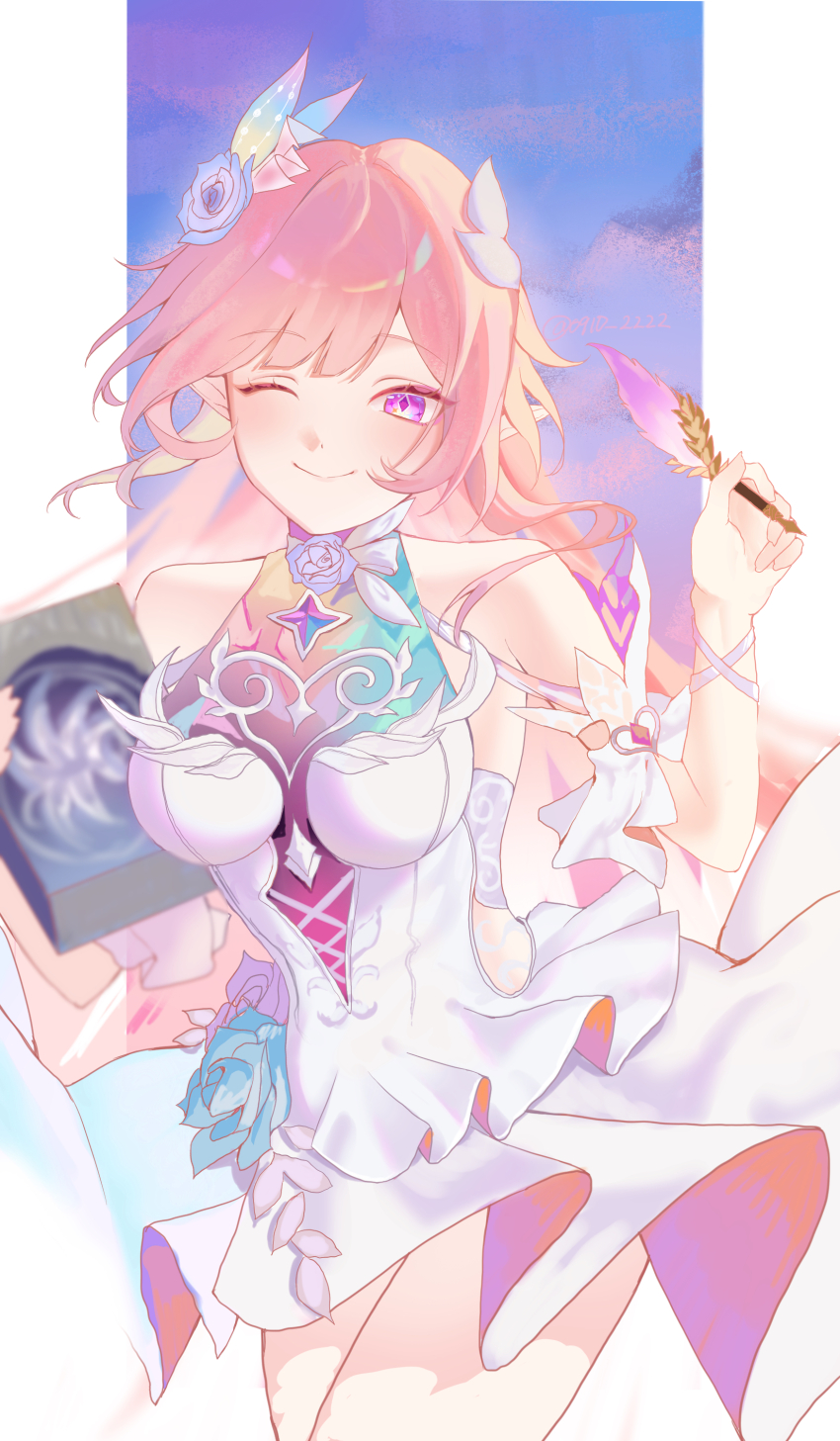 0910_2222, 1girl, ;), absurdres, bare_shoulders, blue_sky, book, border