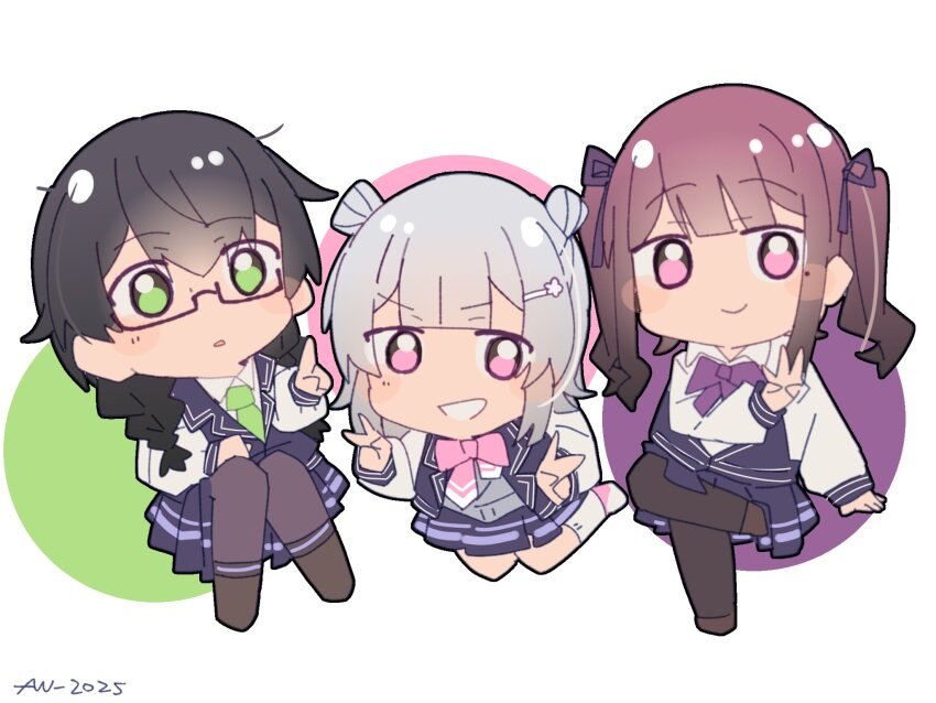 3girls, black_hair, black_pantyhose, blunt_bangs, bow, bowtie, braid, brown_hair