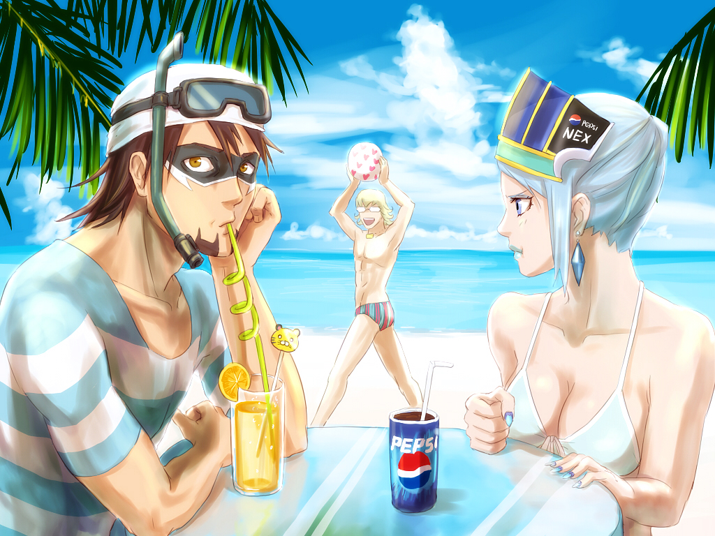 10s, 1girl, 2boys, aqua_male_swimwear, aqua_swim_briefs, bad_id, bad_pixiv_id, ball
