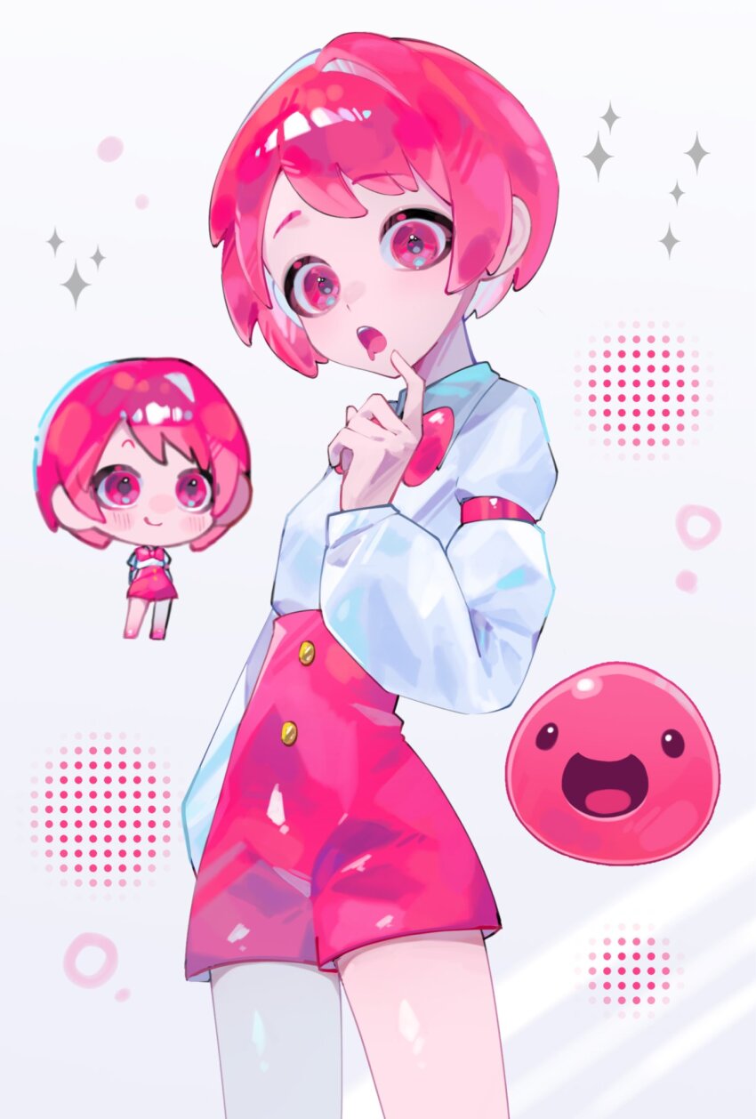 1girl, :d, arm_at_side, bow, bowtie, breasts, buttons, chibi