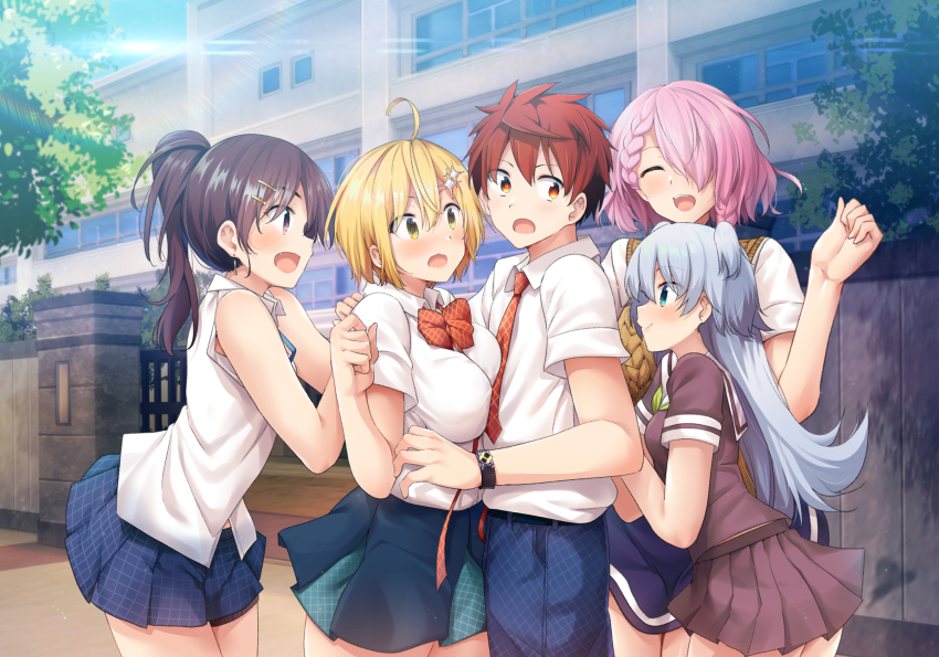 1boy, 4girls, ahoge, bare_arms, bare_shoulders, black_eyes, black_hair, blonde_hair