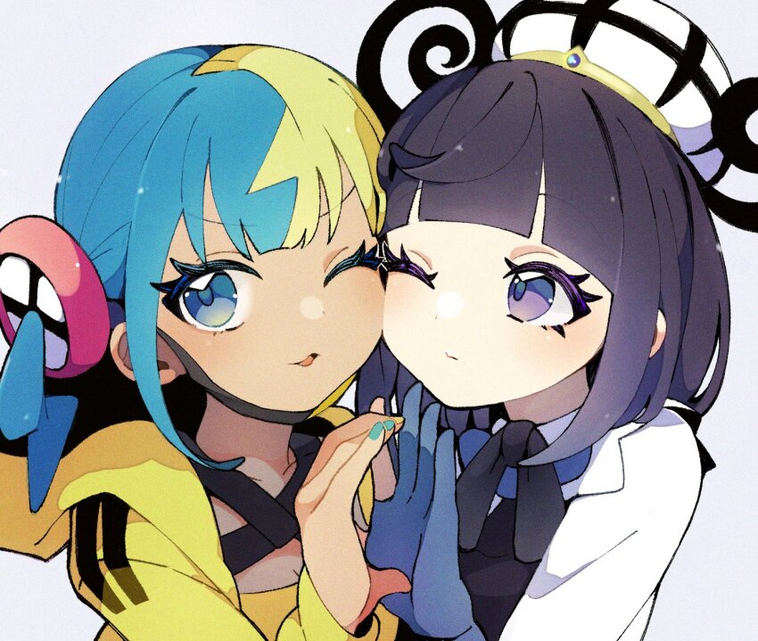 1girl, 2girls, aqua_hair, bandeau, black_dress, black_hair, black_mask, blonde_hair