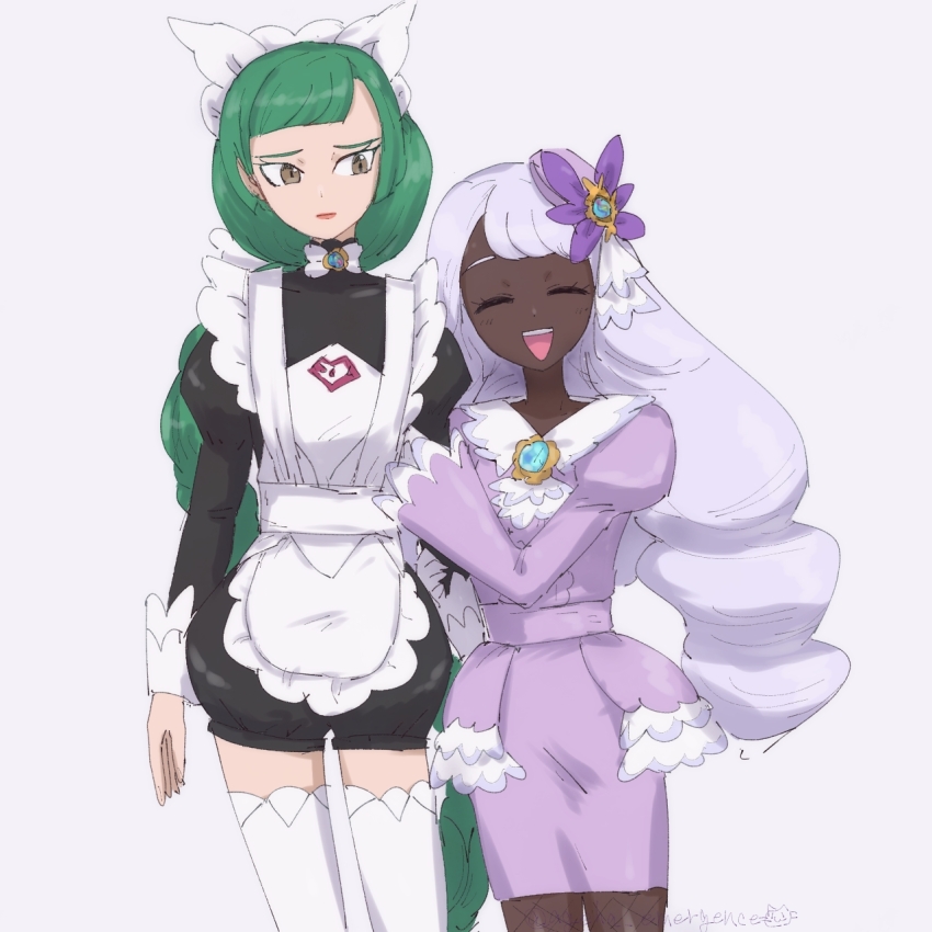 2girls, apron, ascot, black_romper, blunt_bangs, bow, bowtie, braid, braided_ponytail, closed_eyes, closed_mouth, dark-skinned_female, dark_skin, dress, fascinator, frilled_ascot, frills, gloves, green_hair, hair_ornament, highres, holding_another's_arm, jacinthe_(pokemon), juliet_sleeves, kitsune_neko_tsuu, lebanne_(pokemon), long_braid, long_hair, long_sleeves, low_drills, maid, maid_apron, maid_headdress, master_and_servant, mega_stone, multiple_girls, nintendo, open_mouth, pokemon, pokemon_legends:_z-a, puffy_sleeves, purple_dress, purple_hair, romper, simple_background, smile, teeth, thighhighs, tsurime, upper_teeth_only, very_dark_skin, white_bow, white_bowtie, white_gloves, white_thighhighs