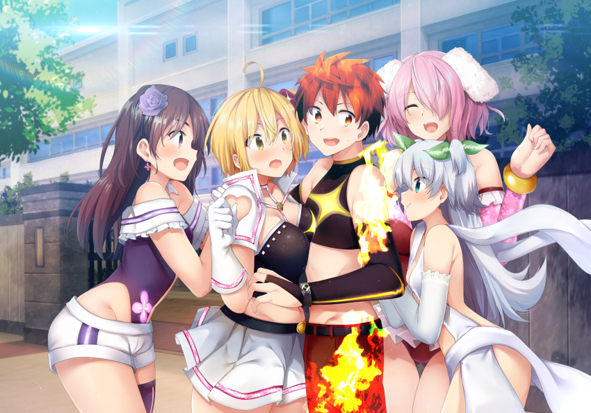 1boy, 4girls, ahoge, aqua_eyes, bare_shoulders, black_eyes, black_hair, black_shirt