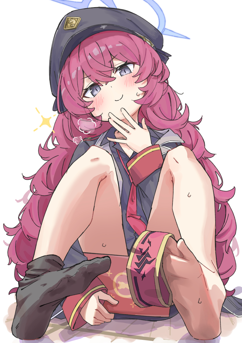 1girl, \||/, absurdres, armband, black_hat, black_jacket, black_socks, blue_archive, blue_halo, blush, closed_mouth, commentary, crossed_bangs, double-parted_bangs, full_body, grey_eyes, hair_between_eyes, halo, hand_up, hat, highres, iroha_(blue_archive), jacket, long_hair, long_sleeves, looking_at_viewer, necktie, no_shoes, red_hair, red_necktie, shinshin_(ssnsn_oekaki), simple_background, single_bare_foot, single_sock, sitting, smile, socks, soles, solo, sparkle, white_background