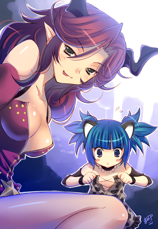 2girls, bad_id, bad_pixiv_id, blue_hair, breasts, castanic, castanics, cleavage