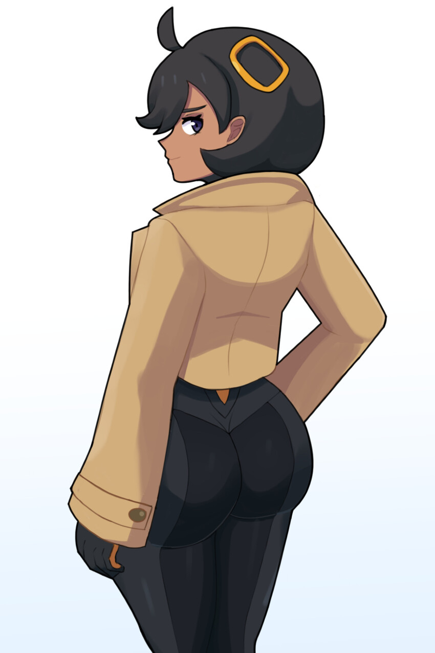 1girl, ass, black_hair, bodysuit, bodysuit_under_clothes, dark-skinned_female, dark_skin, djames
