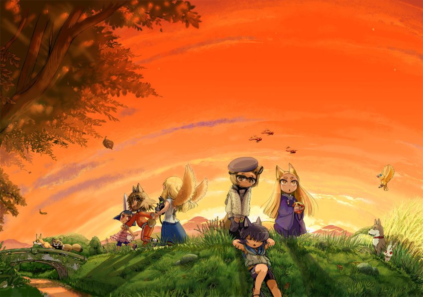 6+girls, amami_(yuu_yake_koya_ke), angel, animal_ears, ball, bird, bridge, bug