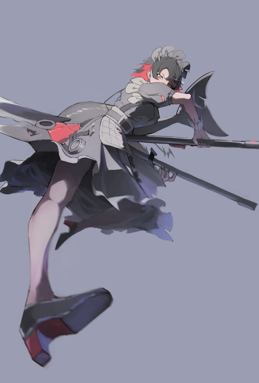 1girl, apron, belt, black_dress, black_hair, black_pantyhose, black_shoes, colored_inner_hair