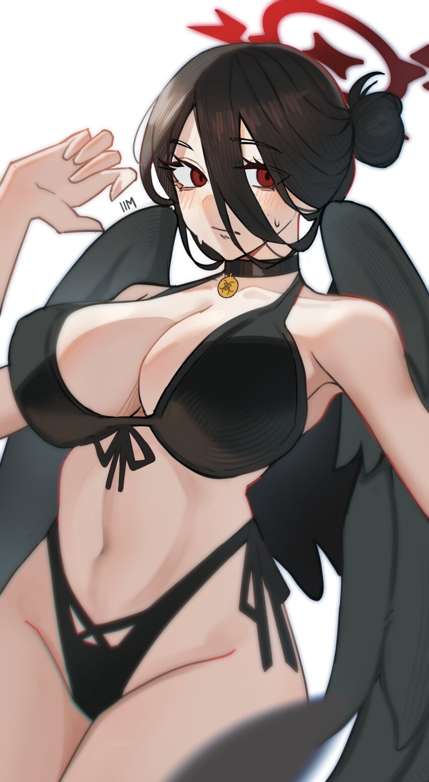 1im_illus, absurdres, bikini, black_bikini, black_bra, black_choker, black_panties, black_wings
