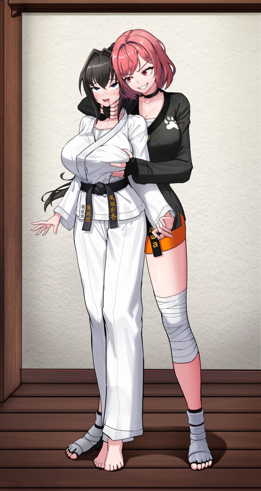 2girls, absurdres, artist_request, ayaka_miki_(jack312331), bandaged_knees, bandaged_leg, bandages, barefoot