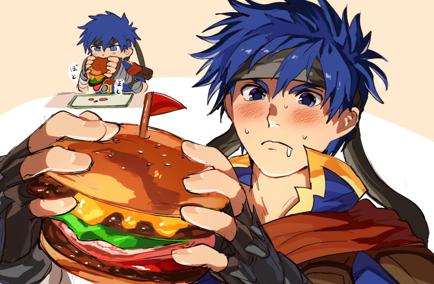 1boy, blue_eyes, blue_hair, burger, commentary_request, eating, fire_emblem, fire_emblem:_path_of_radiance