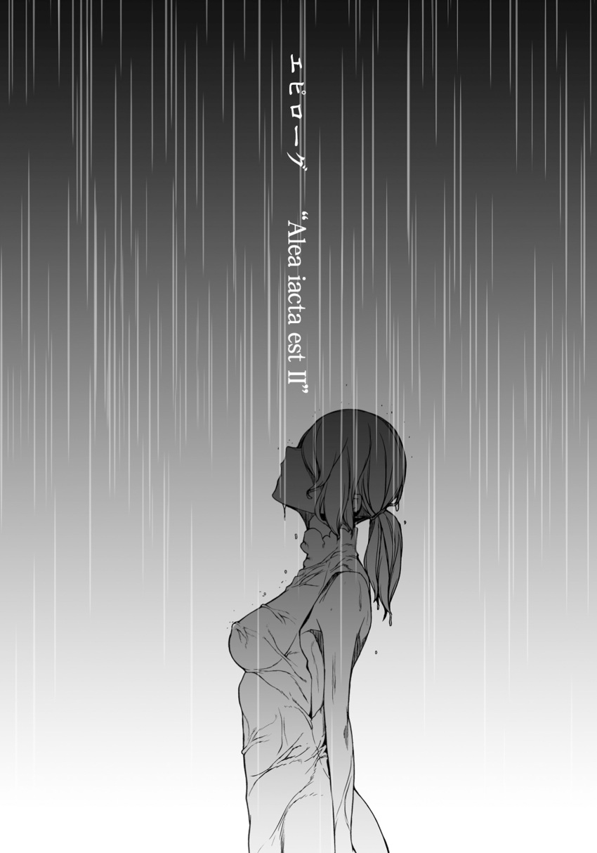 1girl, breasts, covered_eyes, dress, dungeon_ni_deai_wo_motomeru_no_wa_machigatteiru_darou_ka, facing_up, from_side, greyscale