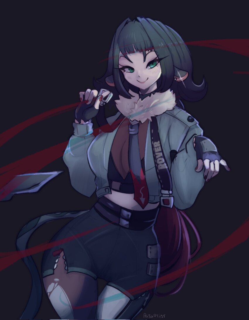 1girl, animal_ear_piercing, animal_ears, black_background, black_gloves, black_hair, black_necktie, black_shorts, blue_jacket, breasts, cleavage, closed_mouth, commentary, cowboy_shot, fingerless_gloves, fingernails, fur-trimmed_jacket, fur_trim, gloves, green_eyes, hashtag-only_commentary, high-waist_shorts, highres, jacket, jane_doe_(zenless_zone_zero), large_breasts, long_hair, long_sleeves, looking_at_viewer, mouse_ears, mouse_girl, mouse_tail, nail_polish, necktie, open_clothes, open_jacket, pantyhose, patartist66, red_nails, see-through_cleavage, see-through_clothes, shorts, smile, solo, tail, torn_clothes, torn_pantyhose, zenless_zone_zero