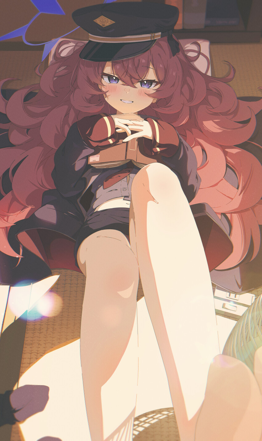 1girl, absurdres, barefoot, blue_archive, book, crossed_bangs, fluffy_hair, grey_eyes