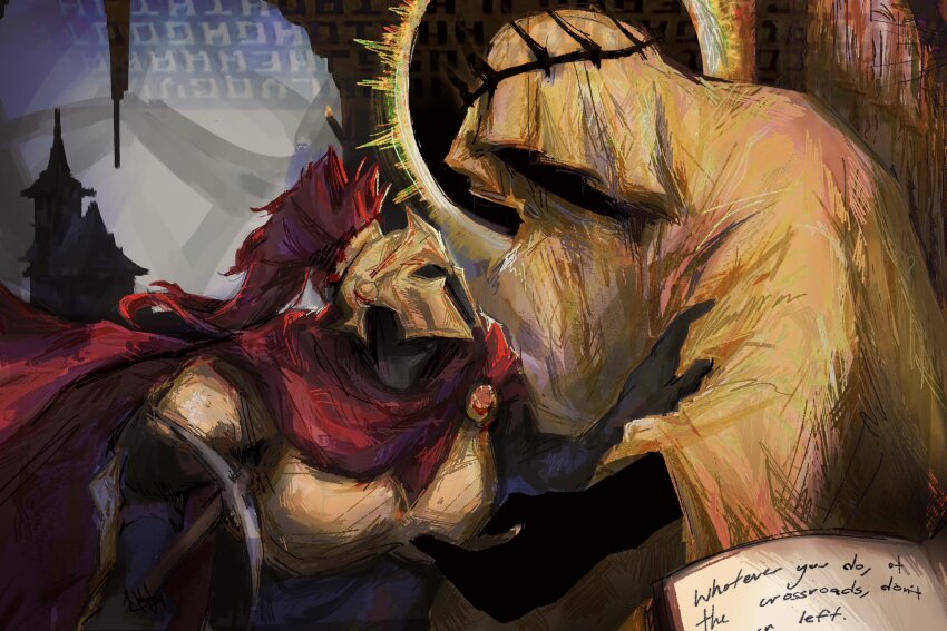 2others, armor, binarycircuitss, black_gloves, breastplate, brooch, cloak, crown, d3rlord3, eclipse, english_text, faceless, facing_another, galea_helmet, gloves, hand_on_another's_arm, helmet, highres, holding, holding_pickaxe, hood, hood_up, jewelry, knight, lunar_eclipse, multiple_others, pickaxe, red_cloak, robe, searching_for_a_world_that_doesn't_exist, shoulder_armor, source_quote, stalactite, the_king_in_yellow_(searching_for_a_world_that_doesn't_exist), upper_body, yellow_robe