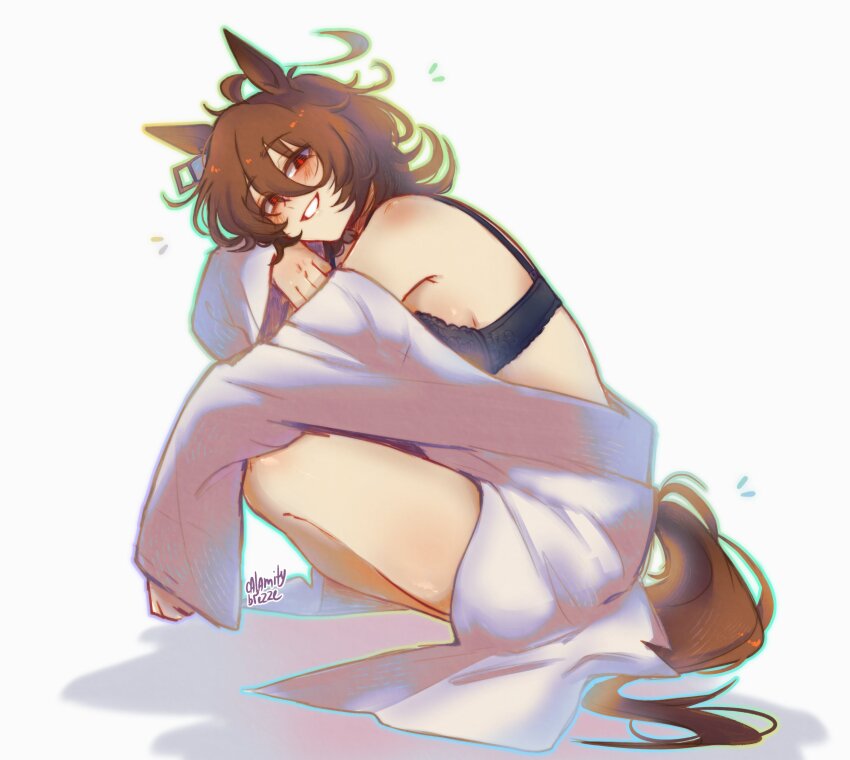 1girl, :d, absurdres, agnes_tachyon_(umamusume), ahoge, animal_ears, artist_name, black_bra