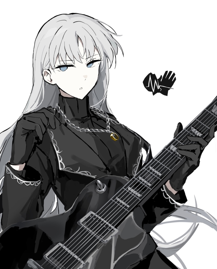 1girl, angelica_(project_moon), black_gloves, black_sweater, blue_eyes, chain, chain_necklace, cowboy_shot