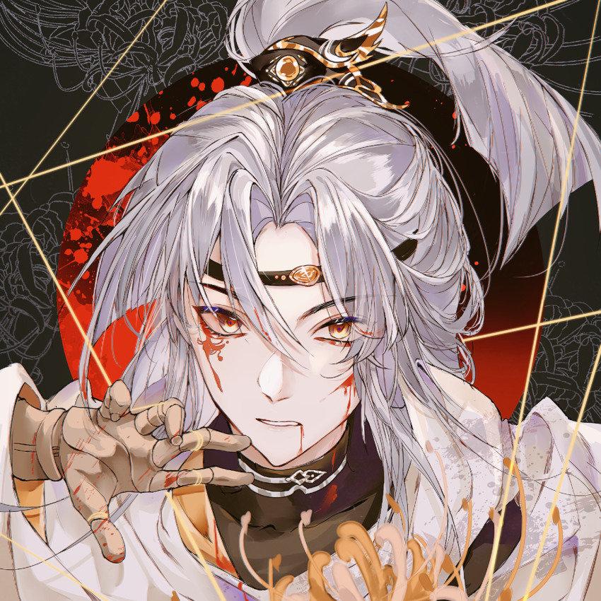 1boy, black_background, black_border, black_headband, black_shirt, bleeding, blood, blood_from_mouth