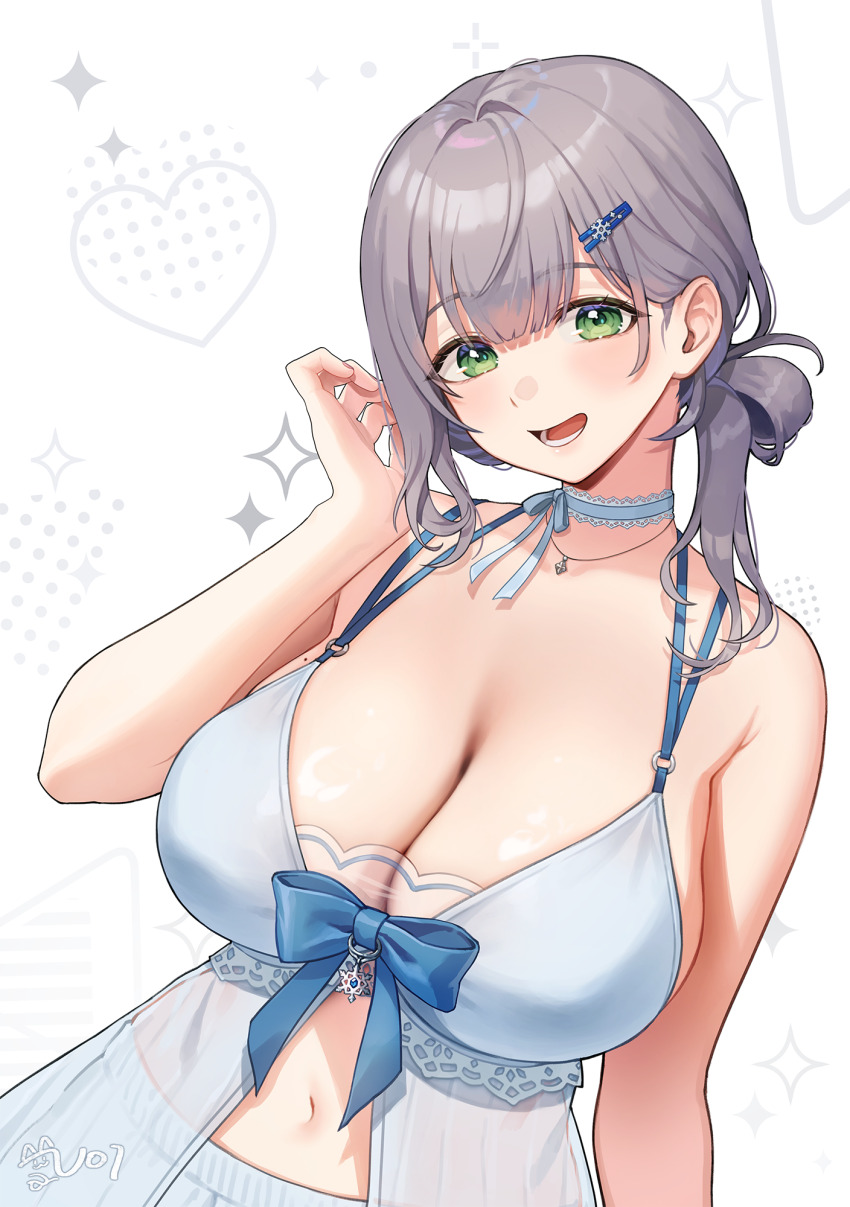 1girl, babydoll, blue_bow, blue_ribbon, bow, breasts, cleavage, commentary