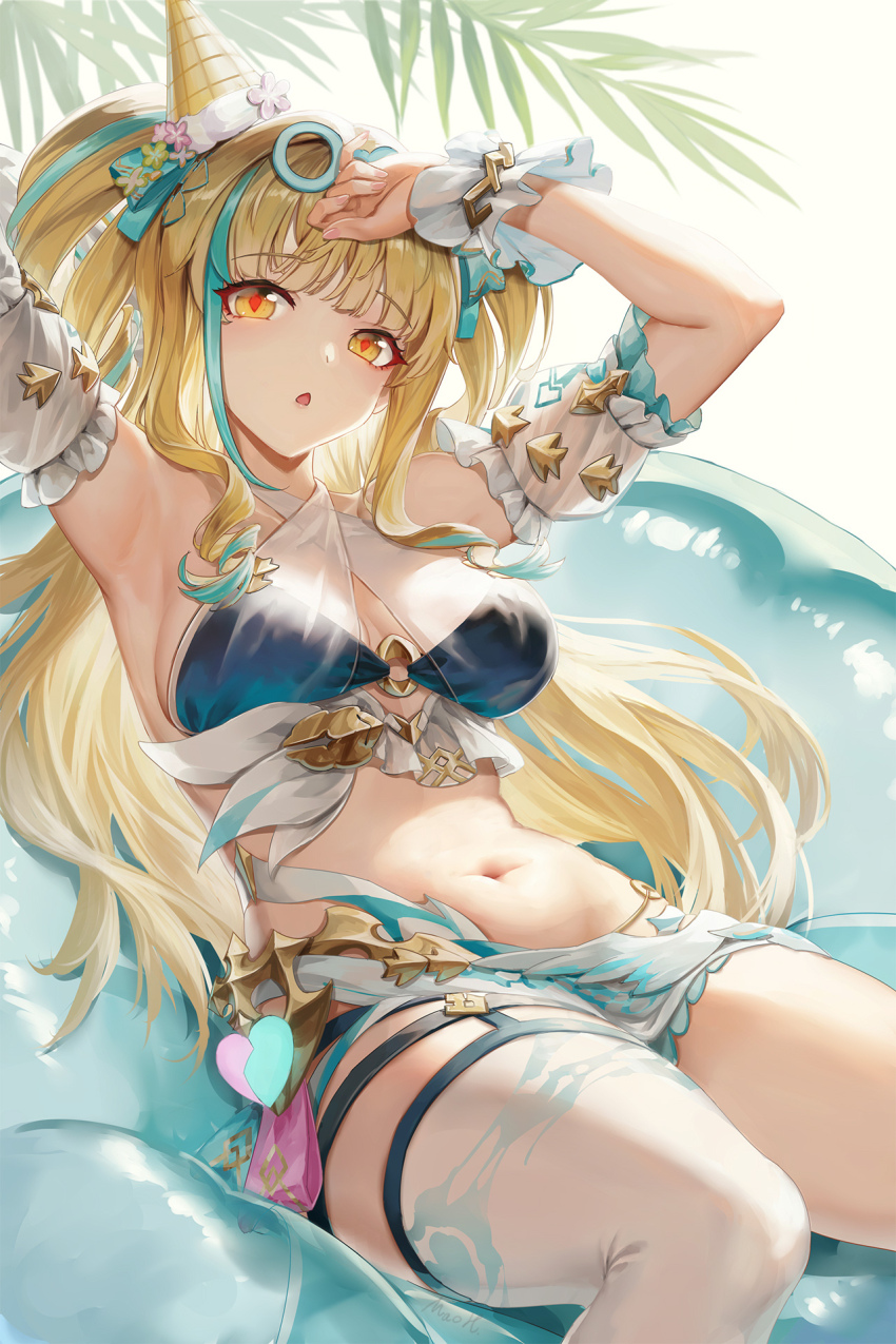 1girl, armpits, arms_up, bare_shoulders, bikini, blonde_hair, blue_bikini, breasts, cleavage, commentary_request, hair_ornament, halterneck, highres, honkai_(series), honkai_impact_3rd, large_breasts, long_hair, looking_at_viewer, maoh_yueer, navel, official_alternate_costume, open_mouth, red_pupils, sitting, solo, songque, songque_(whitewave_topper), stomach, swimsuit, thighs, very_long_hair, wrist_cuffs, yellow_eyes