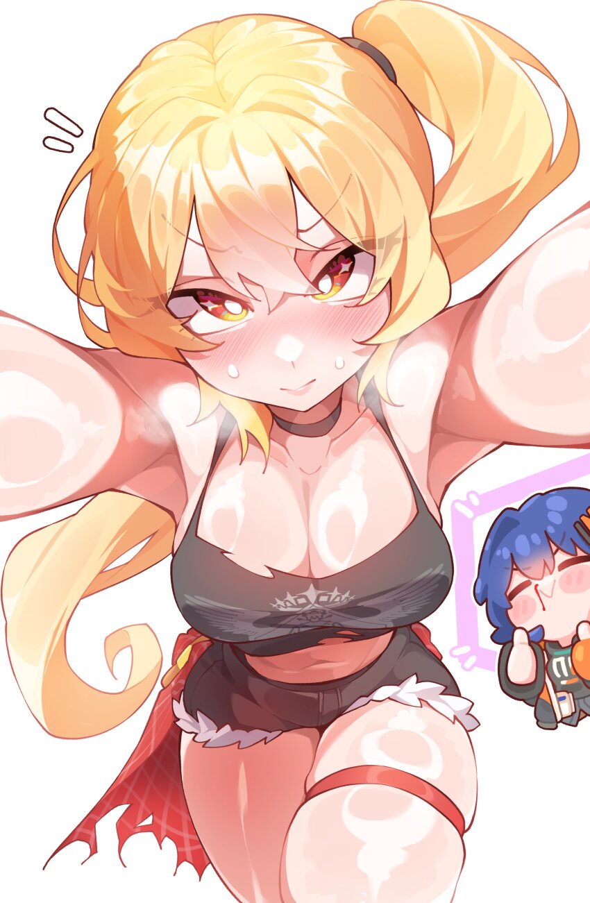 2girls, :>, absurdres, alternate_breast_size_(larger), armpits, aroused_nosebleed, belle_(zenless_zone_zero), black_shorts