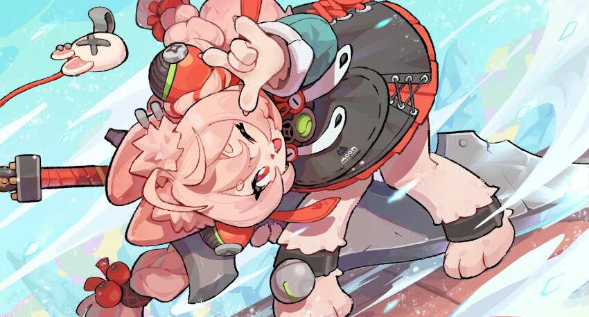 1girl, \m/, absurdres, ahoge, animal_ear_fluff, animal_ear_piercing, animal_ears, animal_feet