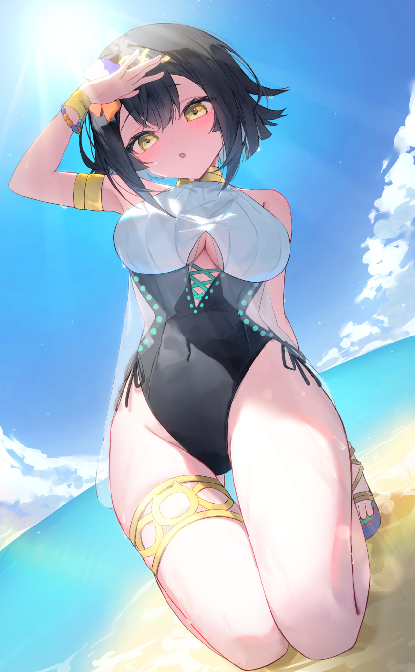 1girl, absurdres, amber_(stella_sora), arm_behind_back, arm_up, armlet, beach, black_hair