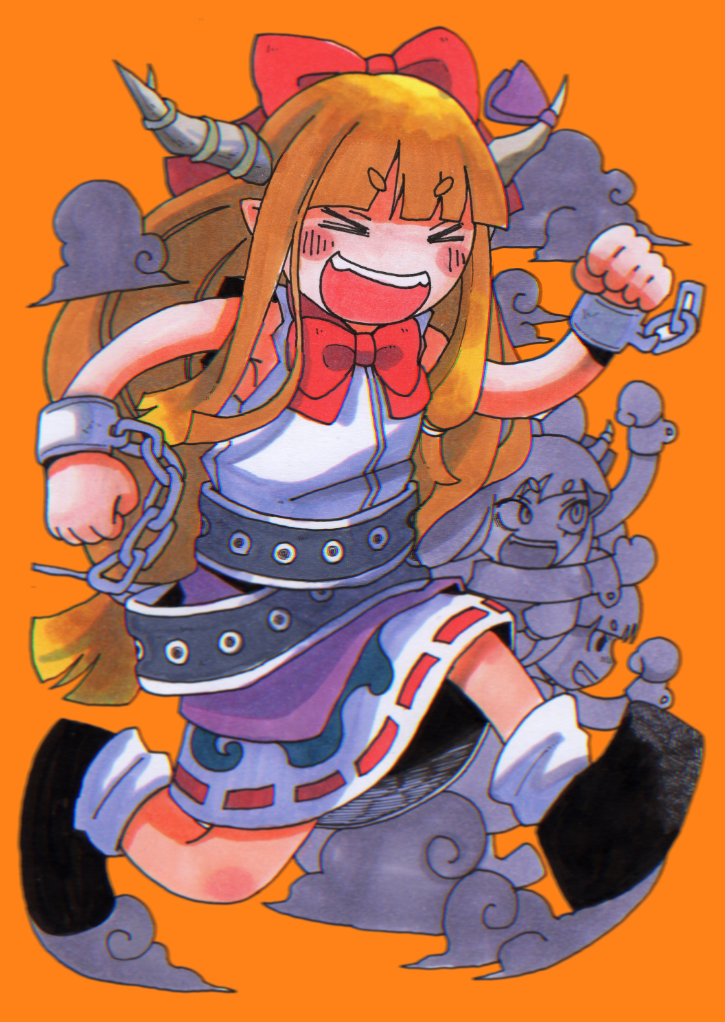 >_<, 3girls, :d, arm_up, belt, black_shoes, blue_skirt, blush