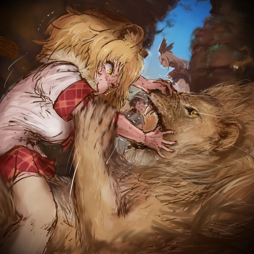 3girls, absurdres, animal_ears, bald_eagle_(kemono_friends), bird_girl, bird_tail, bird_wings, black_hair