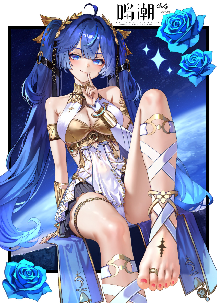 1girl, ahoge, ancient_greek_clothes, armlet, bare_shoulders, barefoot, black_skirt, blue_eyes