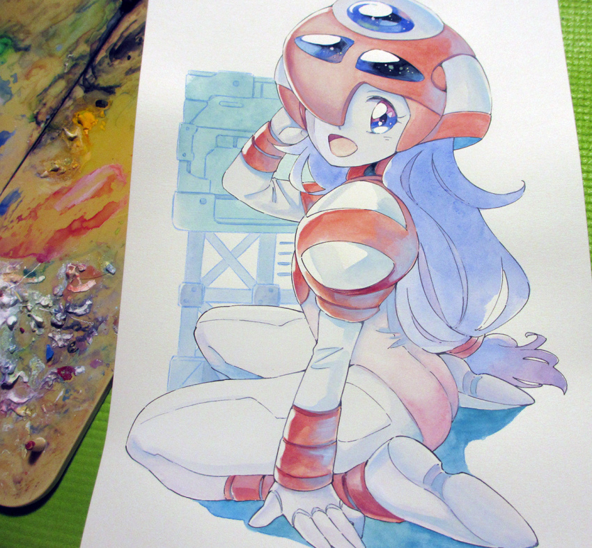 1girl, agahari, android, ass, blue_hair, blue_skin, colored_skin, commentary_request