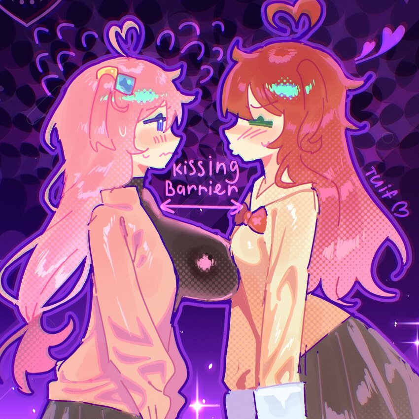 2girls, ahoge, arrow_(symbol), artist_name, blush, bocchi_the_rock!, breasts, commentary