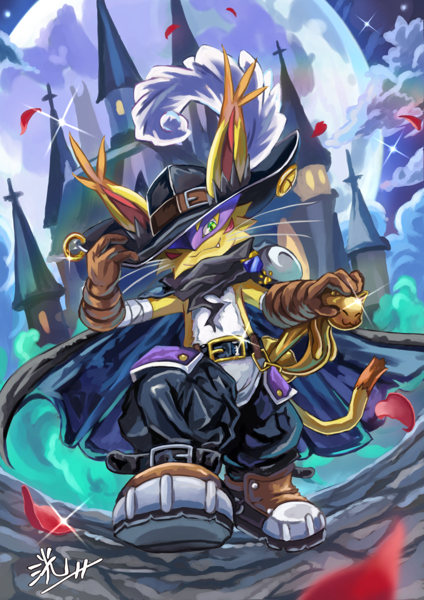 black_hat, black_pants, boots, castle, cat, digimon, digimon_(creature), eye_mask