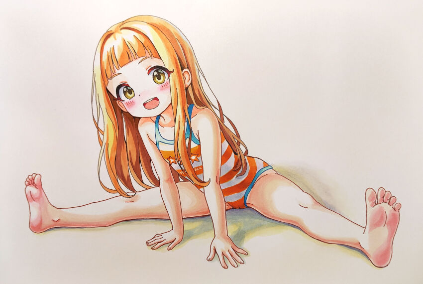 absurdres, bare_shoulders, barefoot, bikini, blush, brown_hair, cameltoe, flat_chest, highres, ichihara_nina, idolmaster, idolmaster_cinderella_girls, idolmaster_cinderella_girls_u149, loli, long_hair, looking_at_viewer, open_mouth, simple_background, smile, solmyr2000, swimsuit