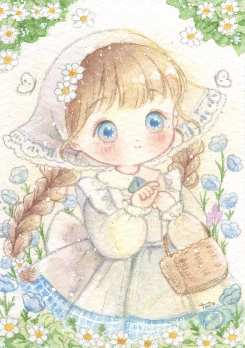 1girl, apron, blue_dress, blue_eyes, blue_flower, braid, brown_hair, bug