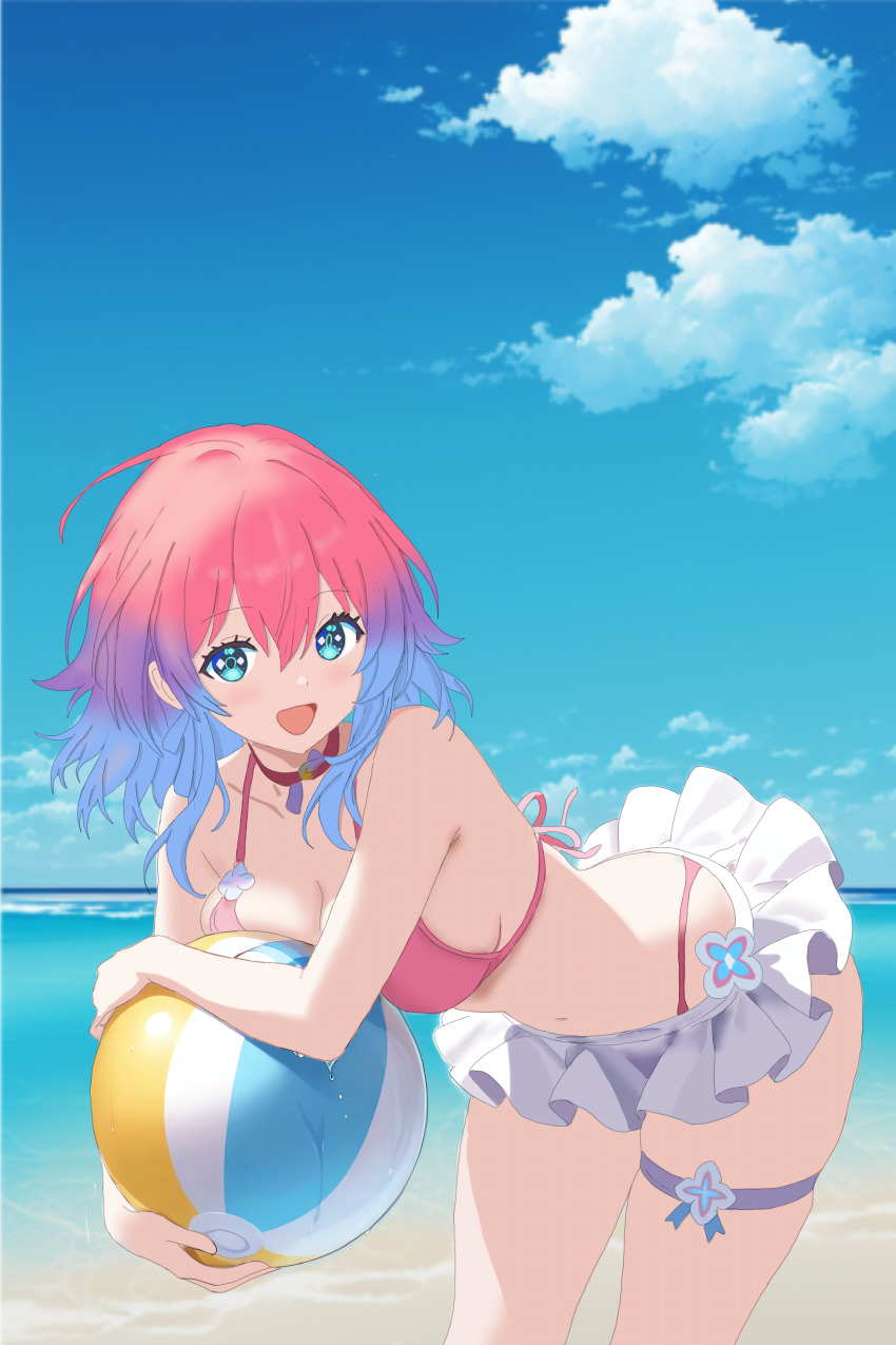 1girl, :d, absurdres, ball, bare_arms, bare_shoulders, beach, beachball