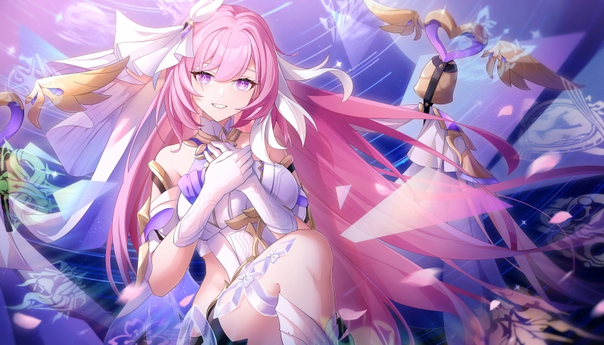 1girl, :d, absurdres, bare_shoulders, black_shorts, breasts, dress, elysia_(herrscher_of_human:_ego)_(honkai_impact)