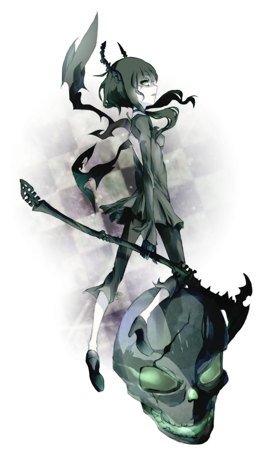 10s, 1girl, black_hair, black_rock_shooter, dead_master, female_focus, green_eyes, highres
