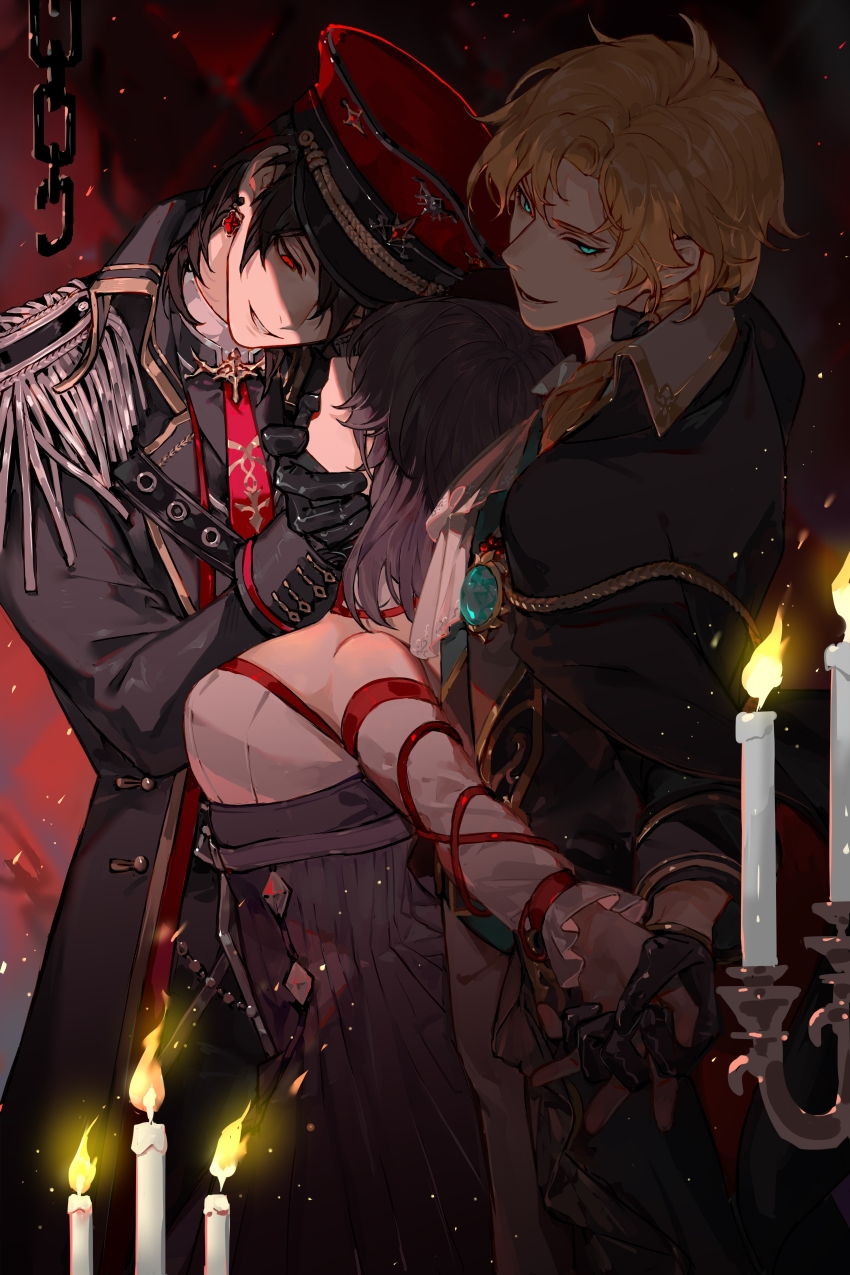 1girl, 2boys, absurdres, aiguillette, aqua_eyes, aqua_gem, arm_ribbon, ascot