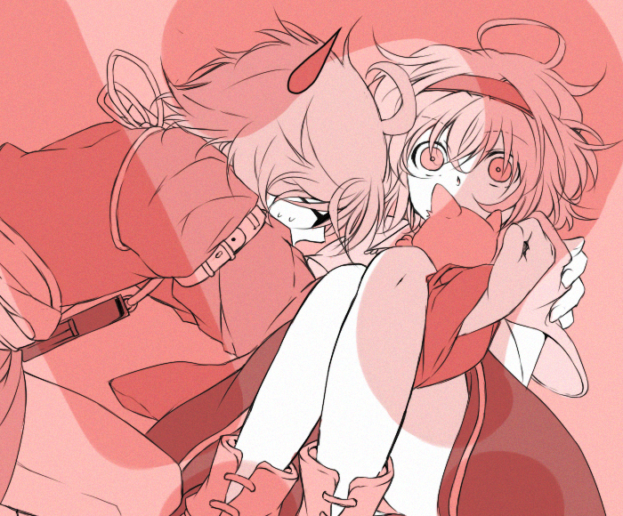 1boy, 1girl, ahoge, alice_margatroid, carrying, cat, couple, hairband, headband, hetero, hug, iky28, monochrome, morichika_rinnosuke, short_hair, sweatdrop, touhou